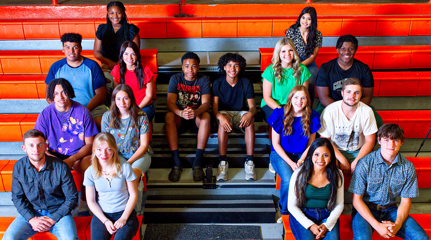 The senior king and queen nominees and dukes and duchesses from the lower grades sit in the shape of the letter "m" top from left, freshman duchess, Zion Olajide; sophomore duchess, Katie Rojas; 3rd row from right, junior duke, Javaryon Brumsey; junior duchess, Myah Joyner; sophomore duke, Ainsley Steward; freshman duke, Cameron Kelley; king and queen nominees, Jaycee Smith, Luke Beckley; 2nd row, from left, Braydon Alley, Jada Woodward, Macy Fischer, Paul Stanley; front row, Joshua Burge, Kayla Clark, Mariana Delgadillo and Seth Estoll.